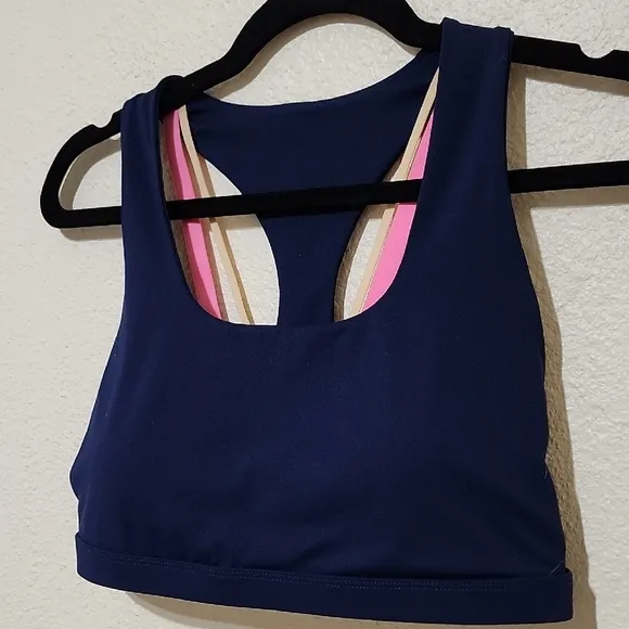 Fabletics Navy and Pink Bike Shorts And Sporta Bra Set