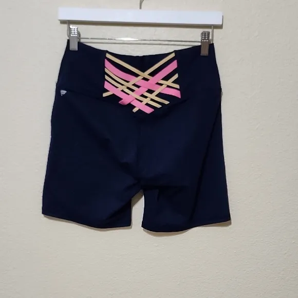Fabletics Navy and Pink Bike Shorts And Sporta Bra Set