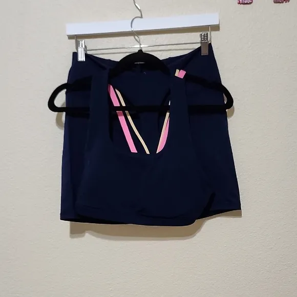 Fabletics Navy and Pink Bike Shorts And Sporta Bra Set