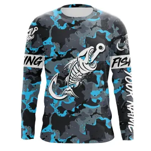 Fish hook skull blue Camo fish reaper Custom name fishing jerseys | Long sleeve, Long Sleeve Hooded NPQ839