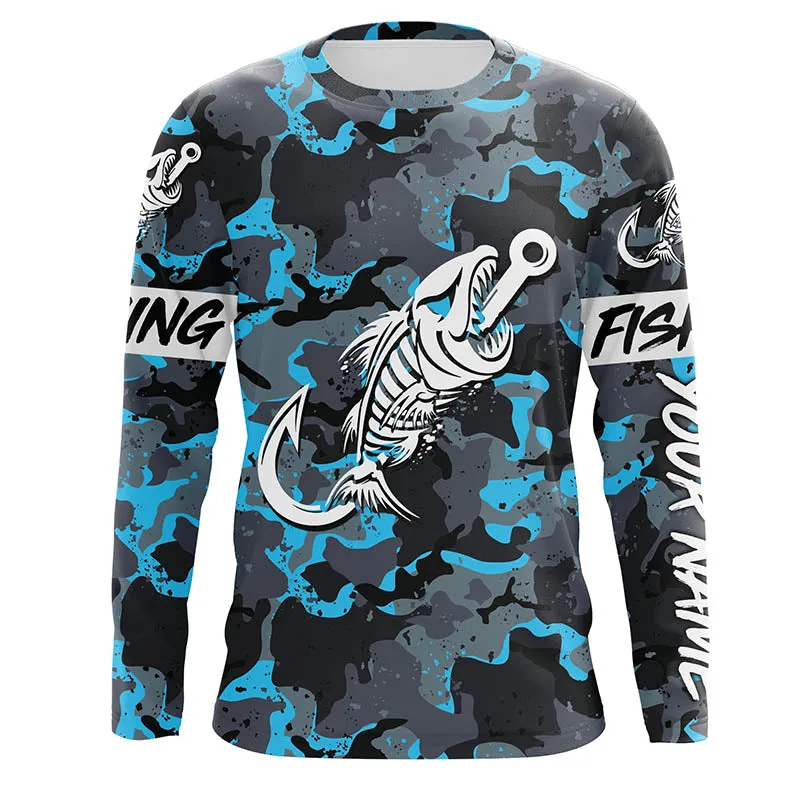 Fish hook skull blue Camo fish reaper Custom name fishing jerseys | Long sleeve, Long Sleeve Hooded NPQ839