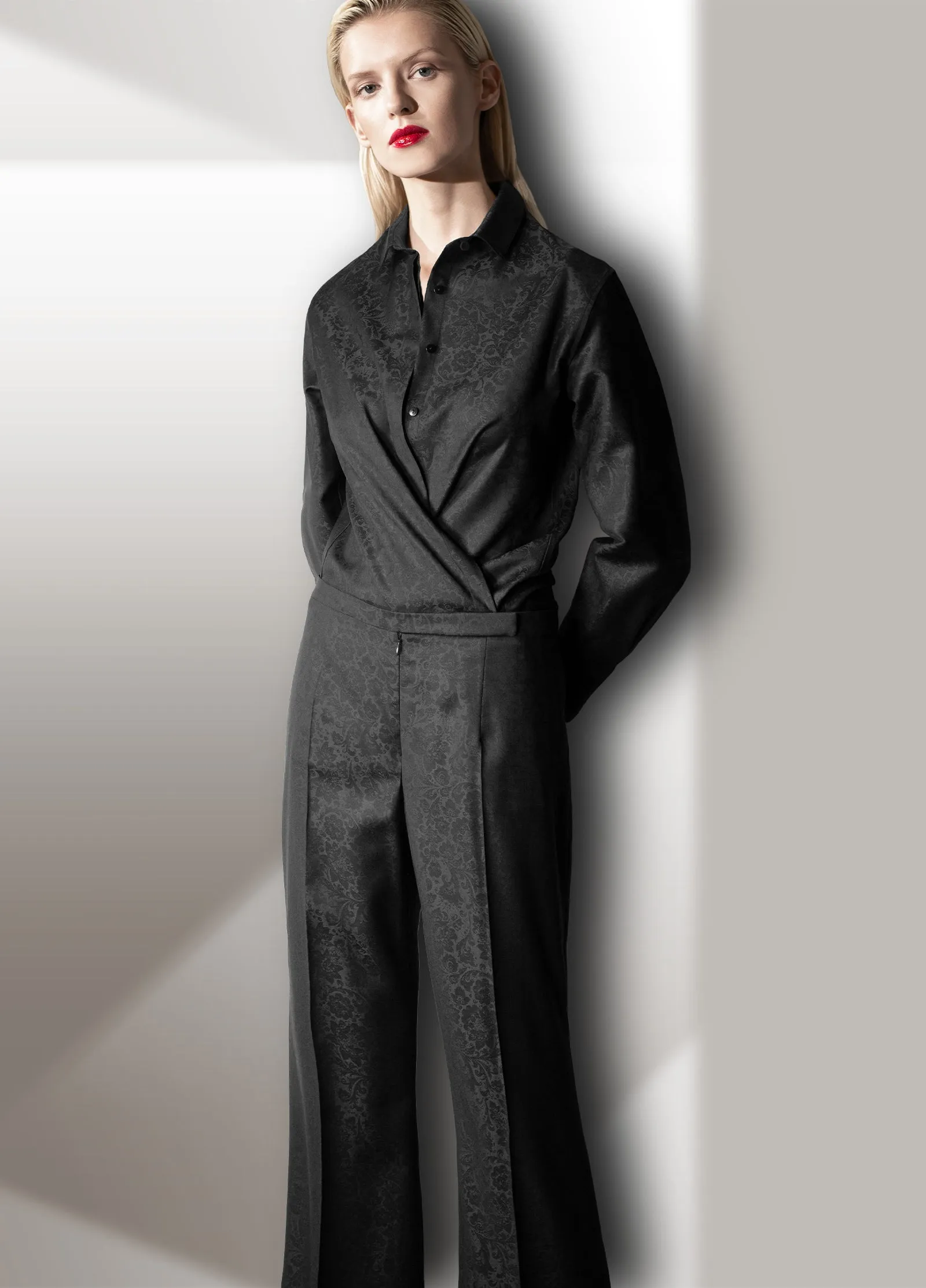 Floral Jacquard Fine Wool Wide Leg Pants