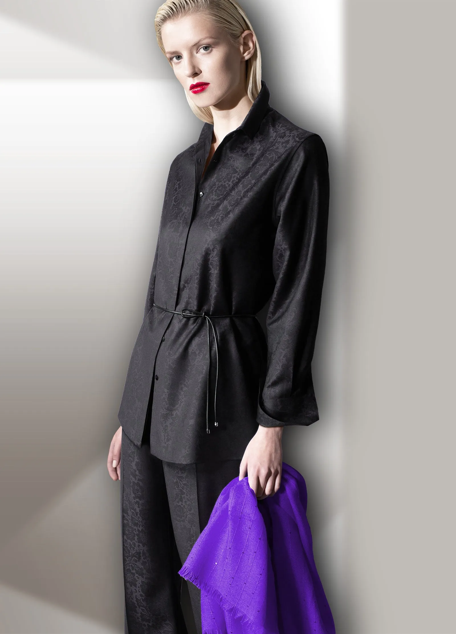 Floral Jacquard Fine Wool Wide Leg Pants