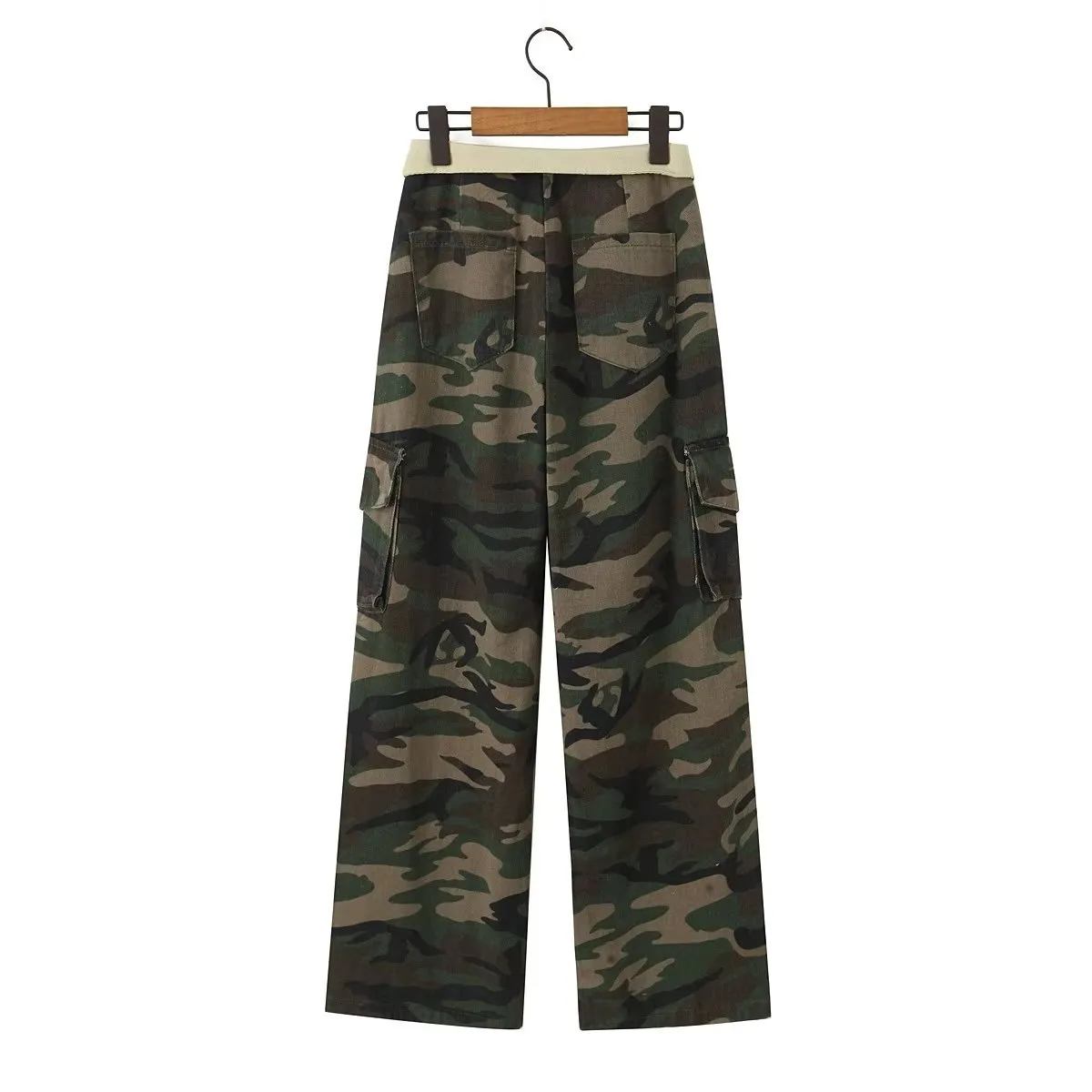Foldover Waist Low Rise Cargo Camo Pants