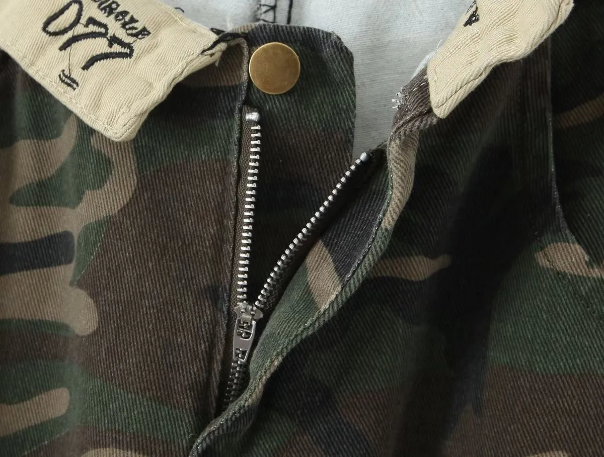 Foldover Waist Low Rise Cargo Camo Pants