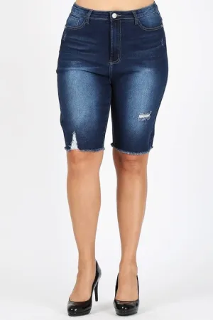 Frayed Hem Denim Plus Size Shorts