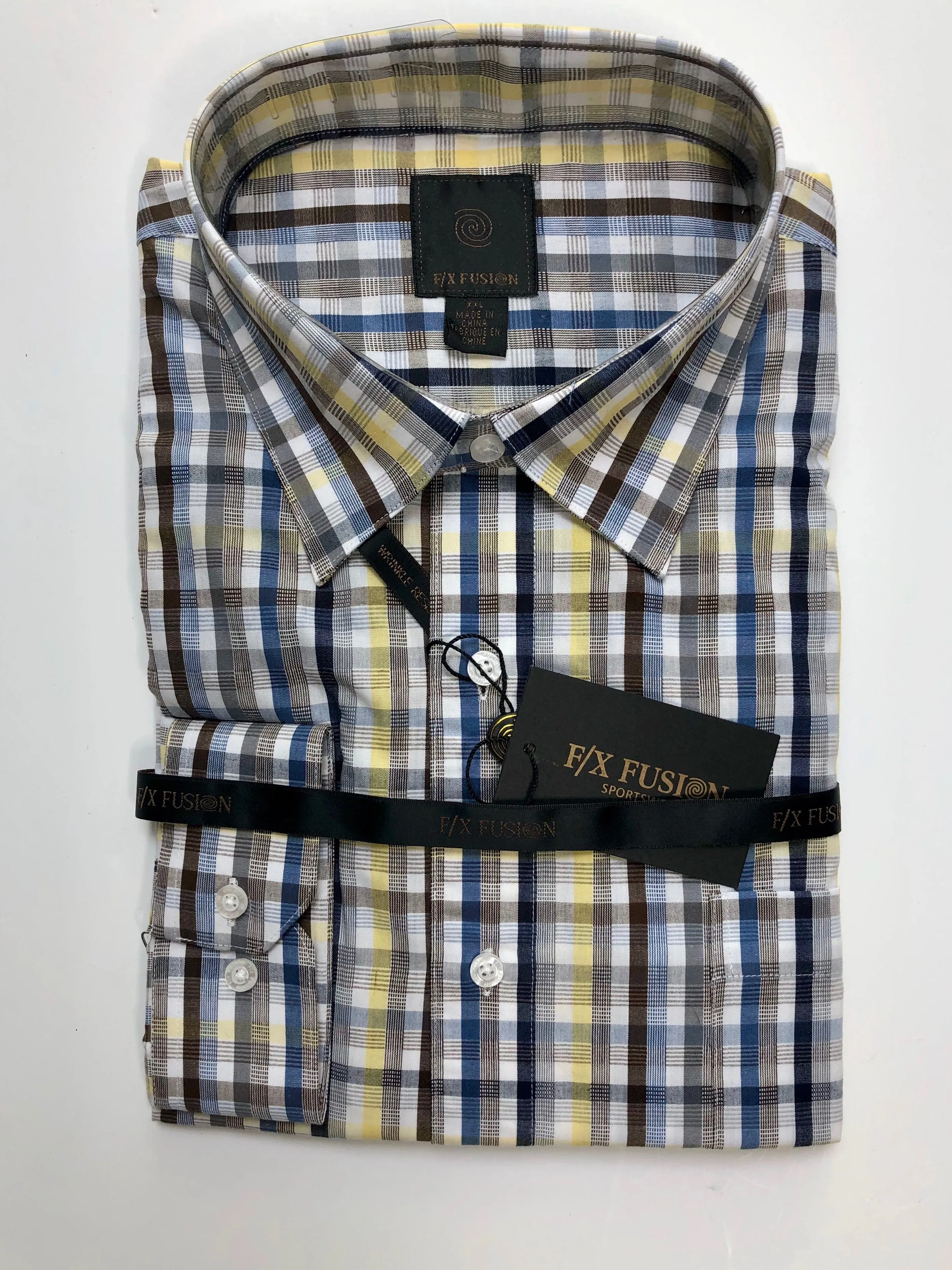FX Fusion Blue/Grey/Yellow Check Long Sleeve Sport Shirt