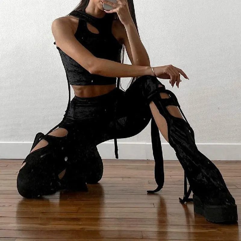 Goth Velvet Hollow Out Mall Gothic Pencil Pants