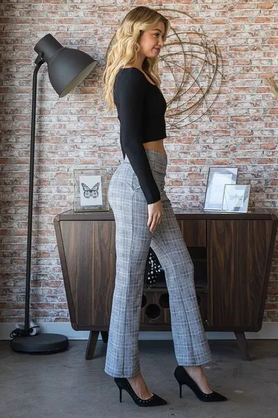 Gray Plaid Flare Pants with Wide Waist Band Small up to 3XL