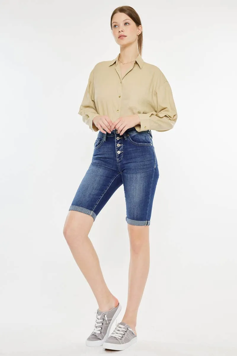 Hazel Blues® |  Kan Can High Rise Fly Button Bermuda Shorts: Medium Wash