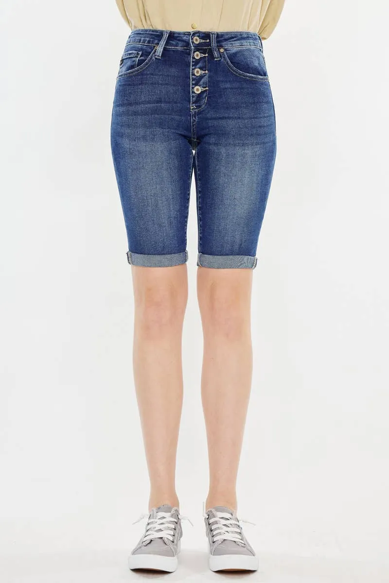 Hazel Blues® |  Kan Can High Rise Fly Button Bermuda Shorts: Medium Wash