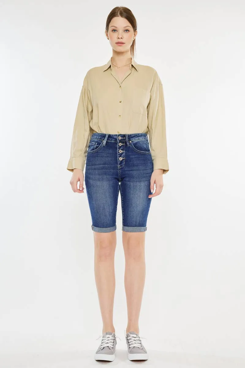 Hazel Blues® |  Kan Can High Rise Fly Button Bermuda Shorts: Medium Wash