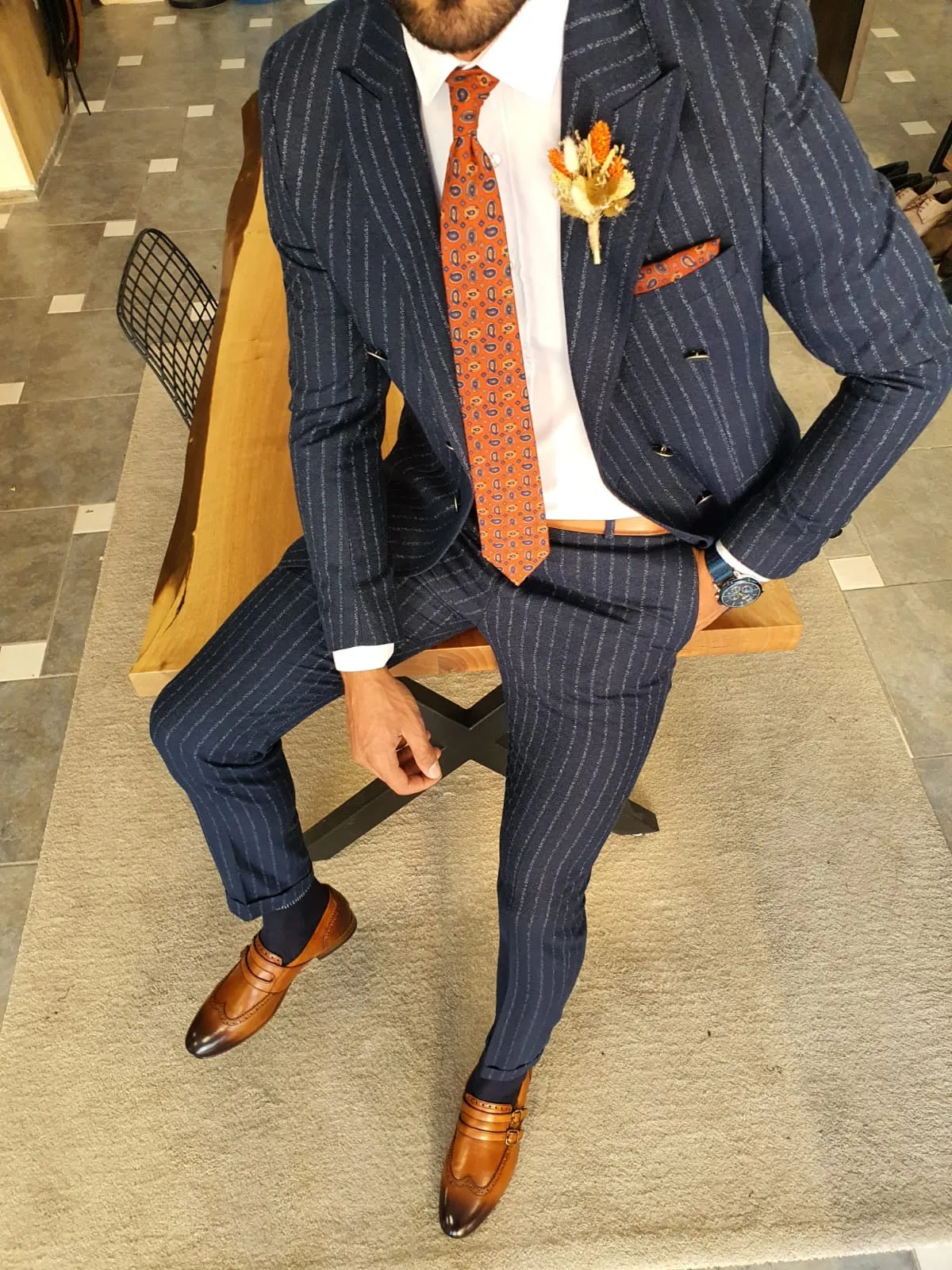 Henderson Navy Blue Pinstripe Double Breasted Suit
