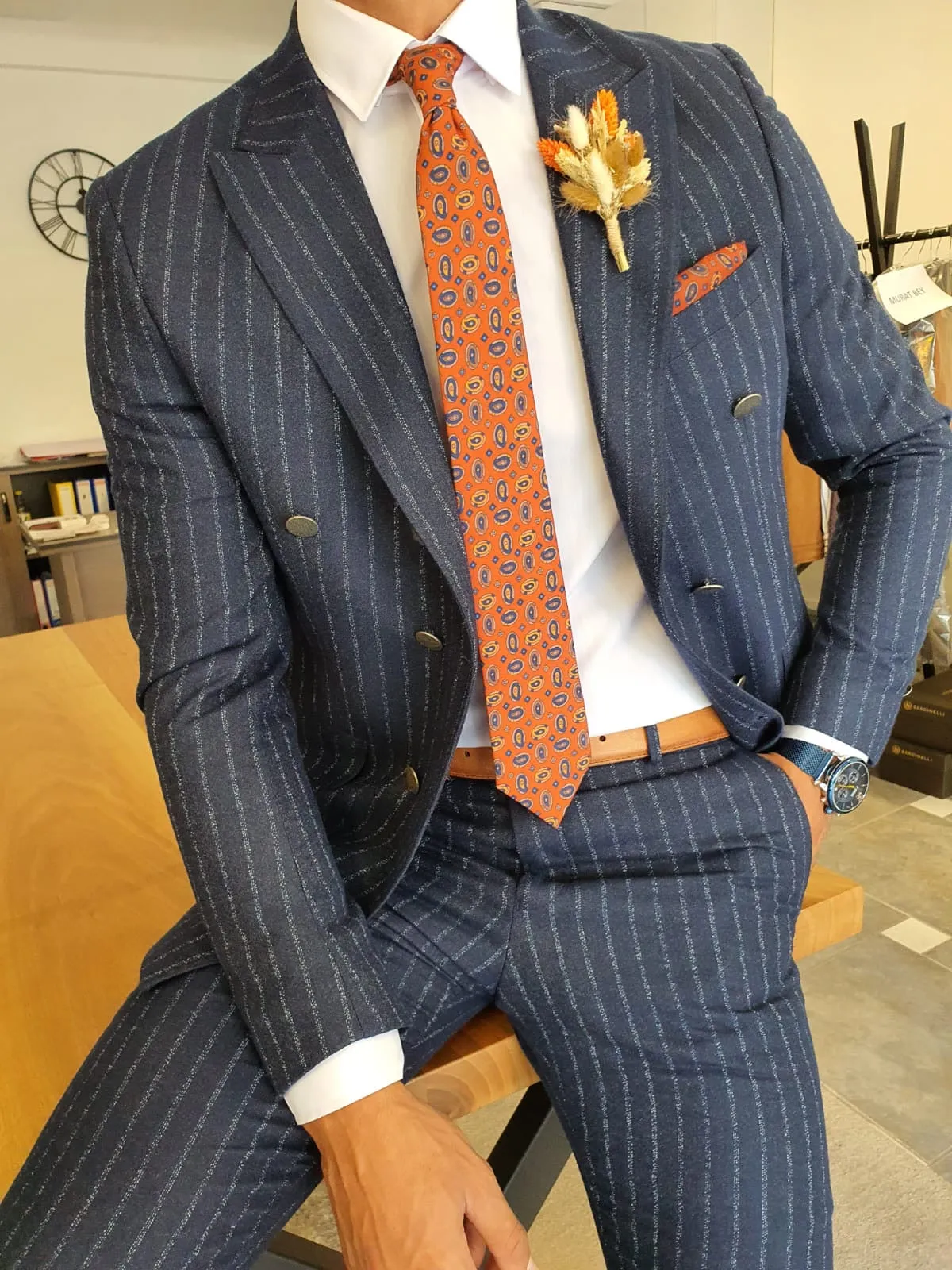 Henderson Navy Blue Pinstripe Double Breasted Suit