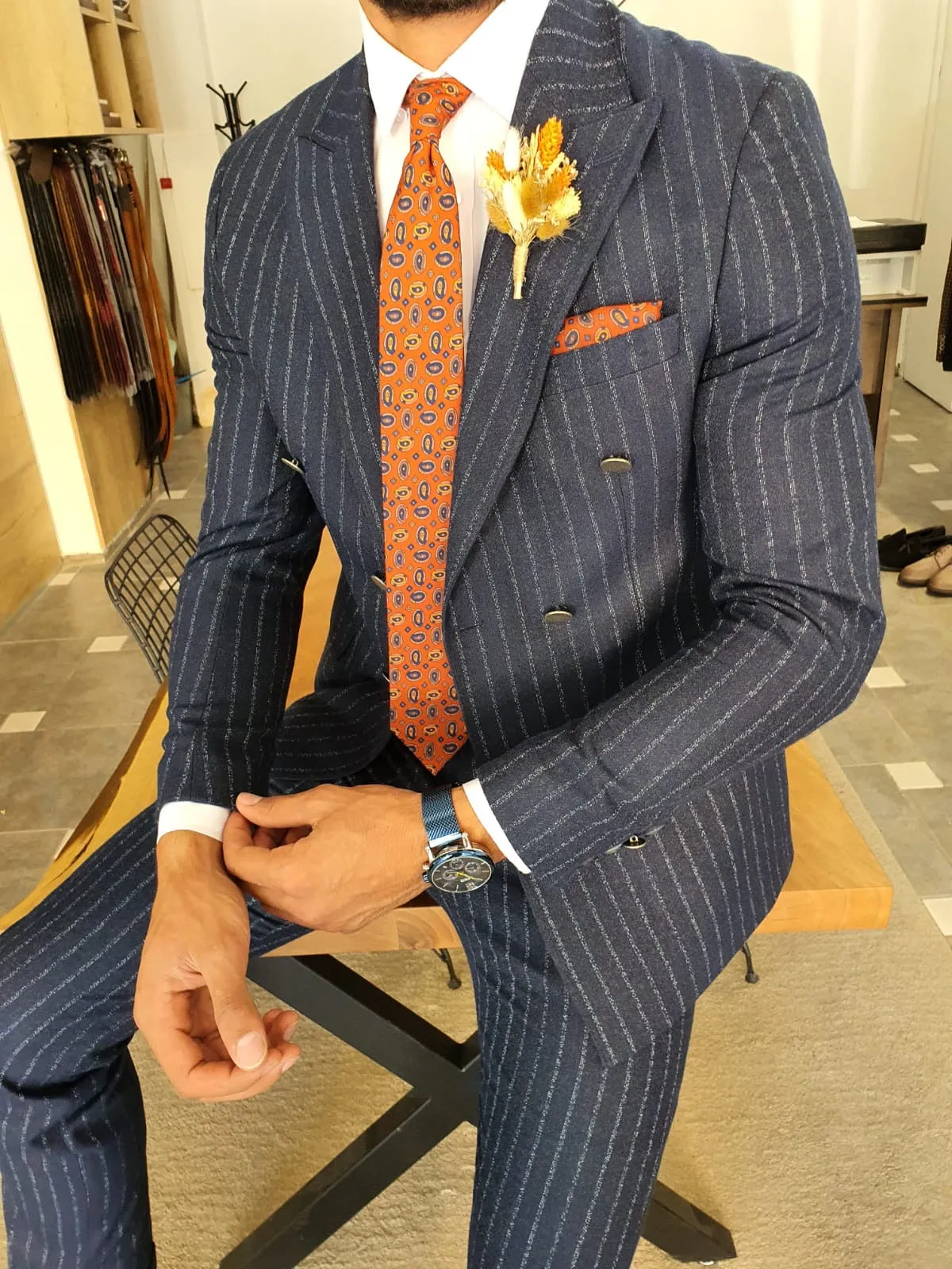 Henderson Navy Blue Pinstripe Double Breasted Suit