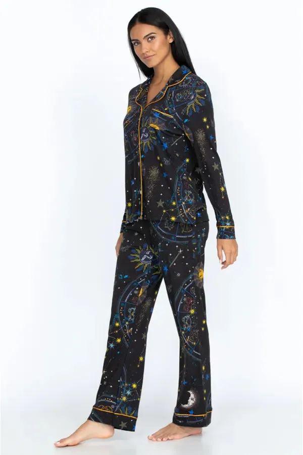 Johnny Was Celestine 2 Piece Cotton Long PJ Set Black Sleep Home Loungewear NEW