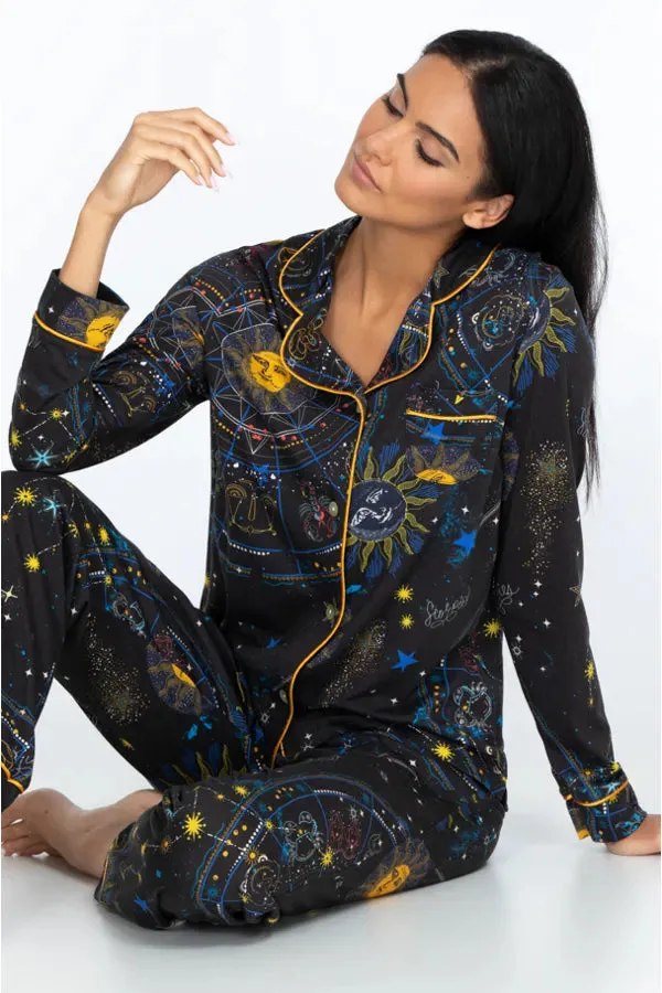 Johnny Was Celestine 2 Piece Cotton Long PJ Set Black Sleep Home Loungewear NEW