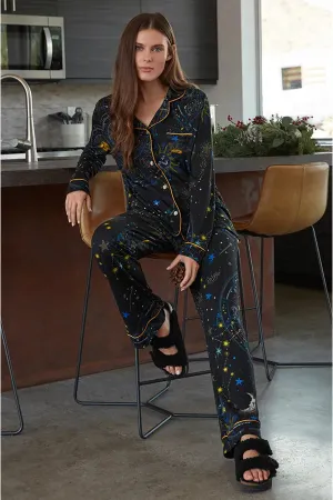 Johnny Was Celestine 2 Piece Cotton Long PJ Set Black Sleep Home Loungewear NEW