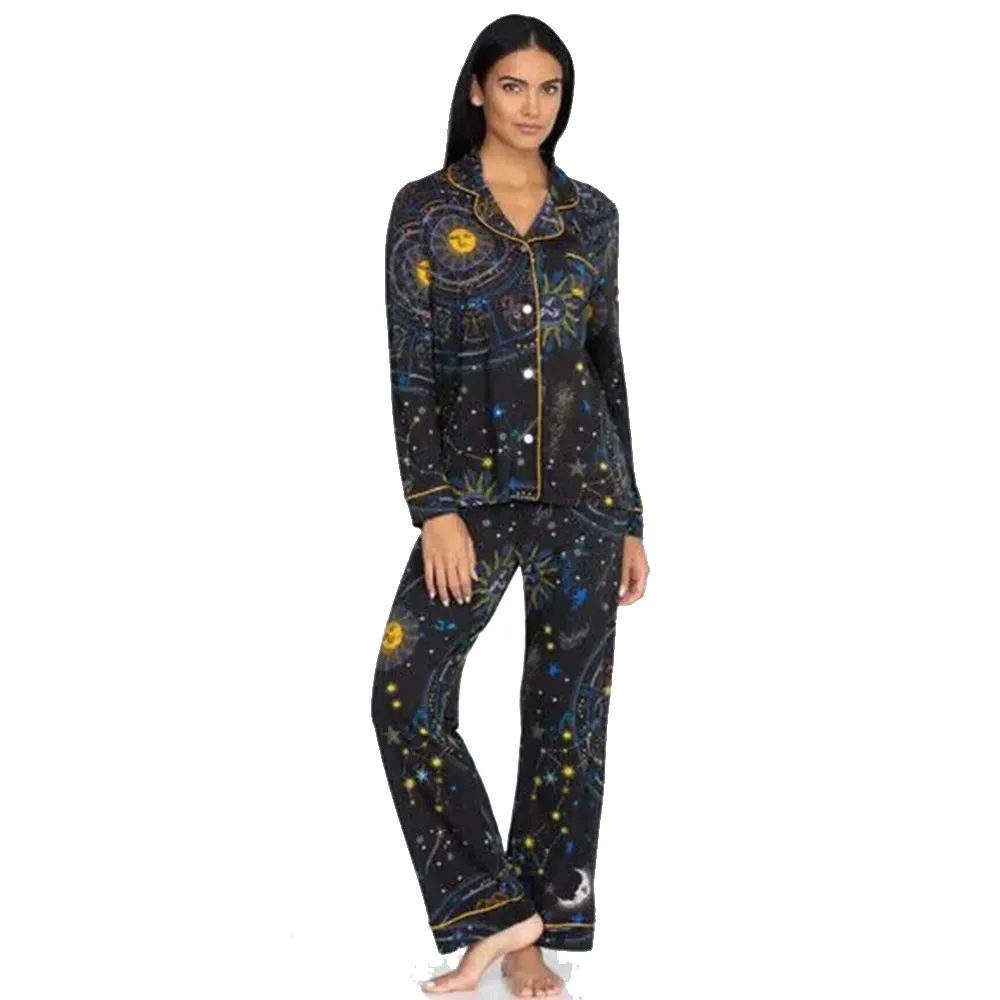 Johnny Was Celestine 2 Piece Cotton Long PJ Set Black Sleep Home Loungewear NEW