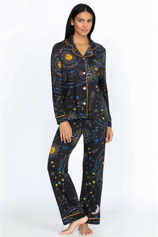 Johnny Was Celestine 2 Piece Cotton Long PJ Set Black Sleep Home Loungewear NEW