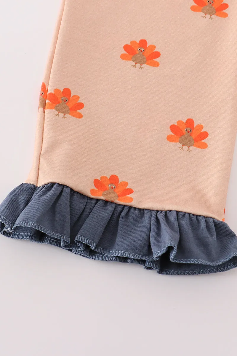 Khaki Turkey Print Girl Pajamas Set