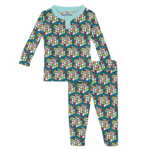 Kickee Pants Cerulean Blue Puzzle Cube Long Sleeve Henley Pajama Set