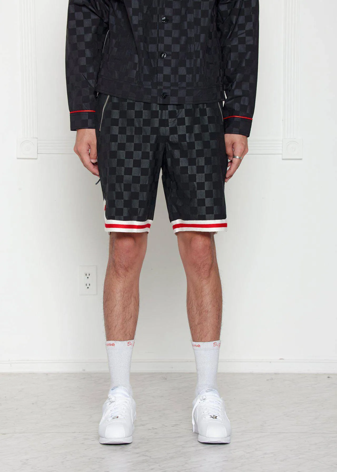 Konus Men's Tonal Checkered Shorts with Tape in Black