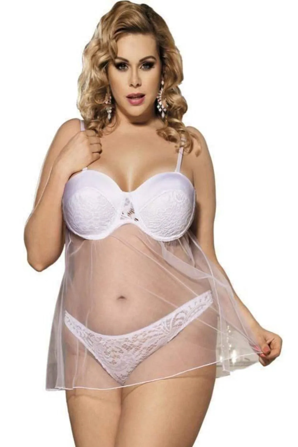 Lace Babydoll Padded Underwire Bra & Underwear Lingerie Set - White