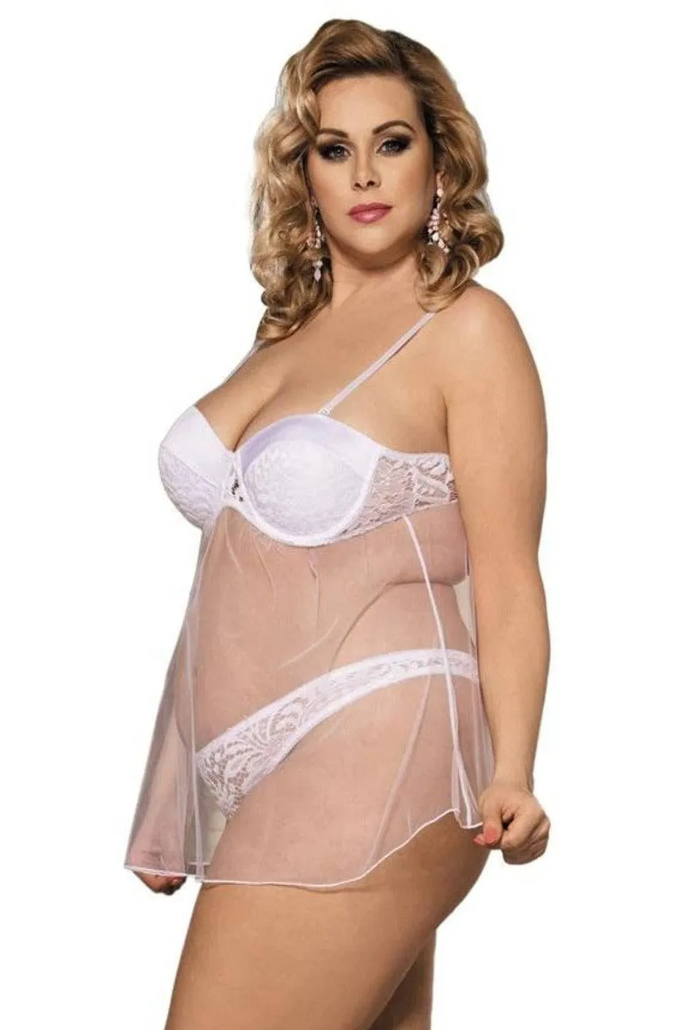 Lace Babydoll Padded Underwire Bra & Underwear Lingerie Set - White