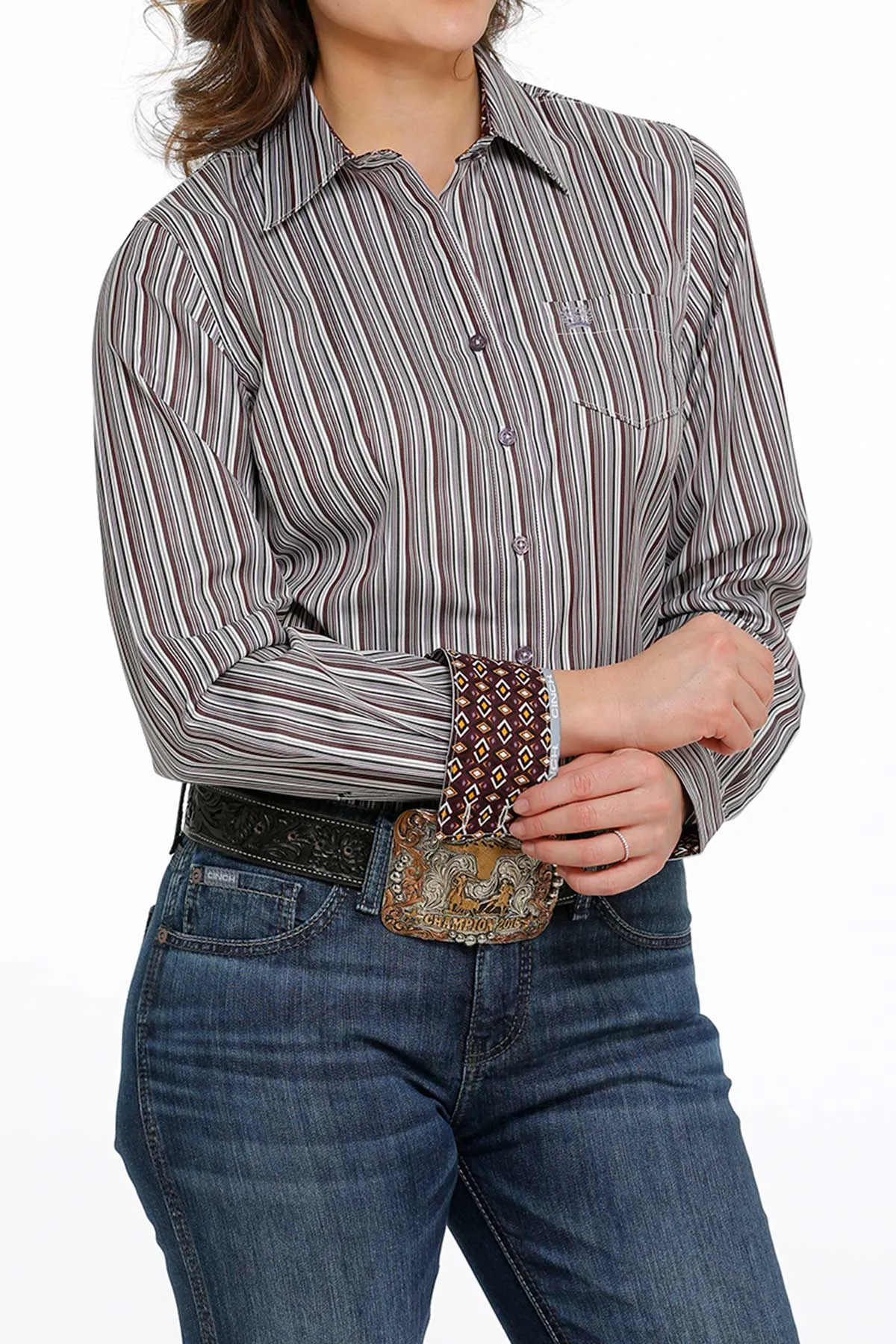 LADIES PURPLE STRIPE CINCH LONG SLEEVE SHIRT