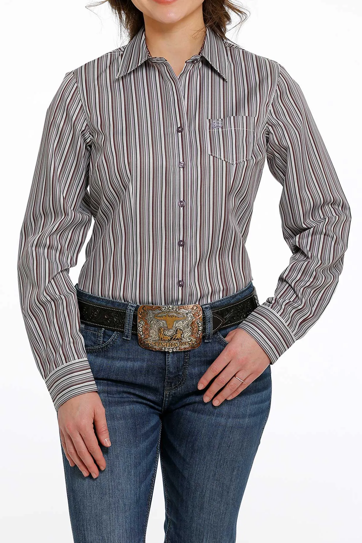 LADIES PURPLE STRIPE CINCH LONG SLEEVE SHIRT