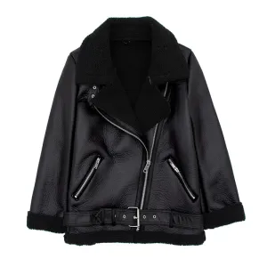 Lamb Fur Faux Leather Jacket Coat Winter Warm Outerwear with Belt