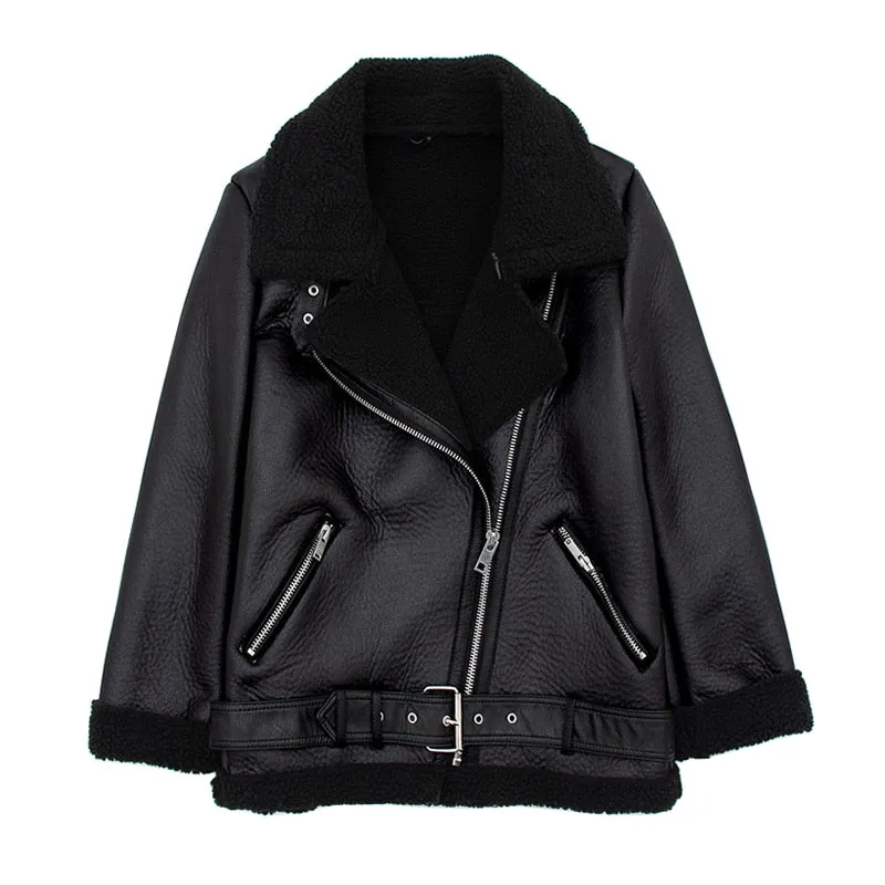 Lamb Fur Faux Leather Jacket Coat Winter Warm Outerwear with Belt