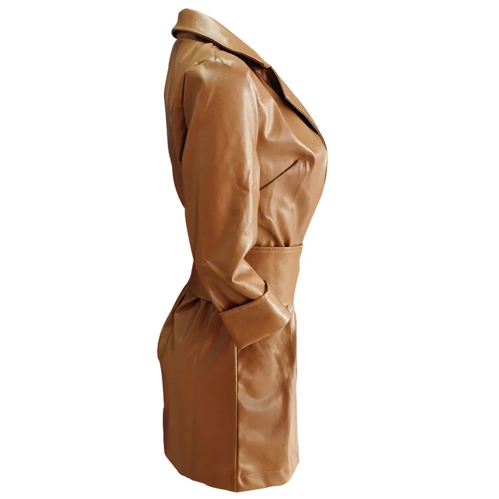 Lapel Blazer PU Belt Mini Dress Blazers Outerwear