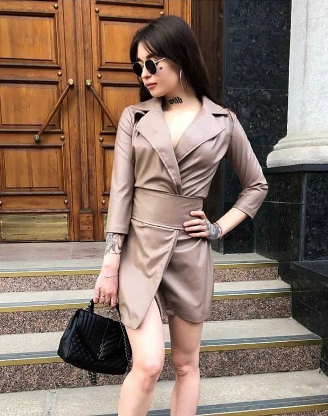 Lapel Blazer PU Belt Mini Dress Blazers Outerwear