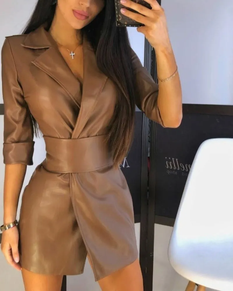 Lapel Blazer PU Belt Mini Dress Blazers Outerwear