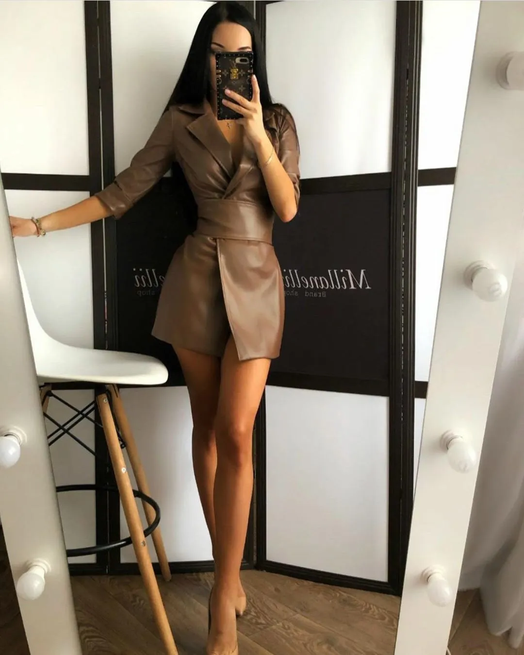 Lapel Blazer PU Belt Mini Dress Blazers Outerwear