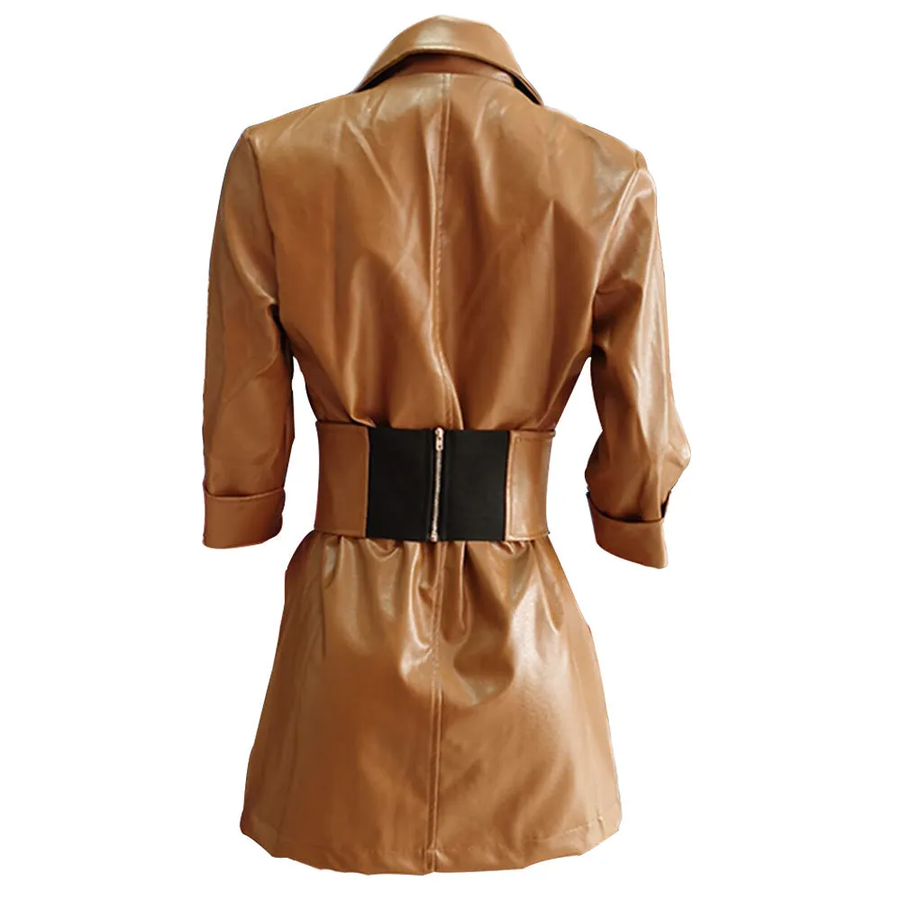 Lapel Blazer PU Belt Mini Dress Blazers Outerwear