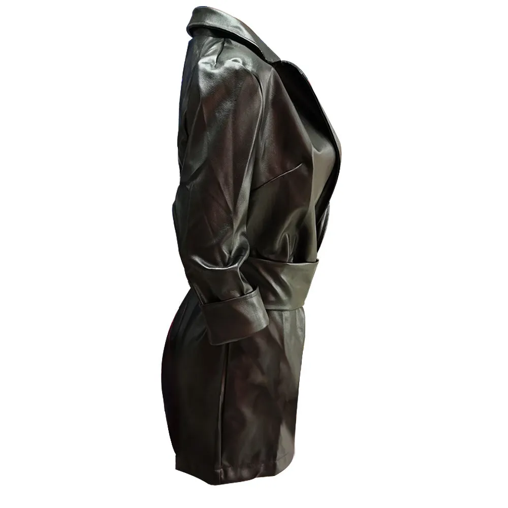 Lapel Blazer PU Belt Mini Dress Blazers Outerwear