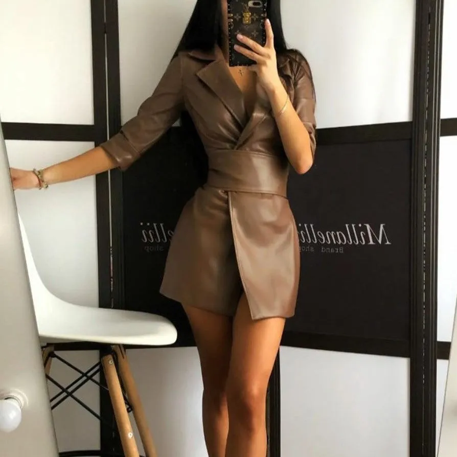 Lapel Blazer PU Belt Mini Dress Blazers Outerwear