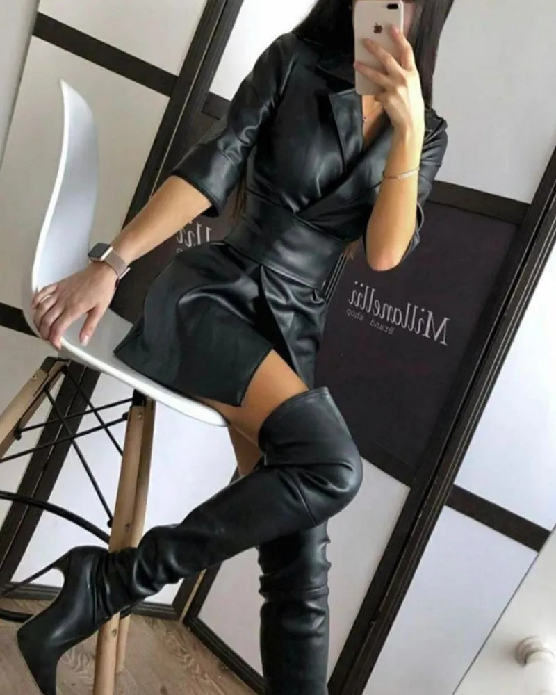 Lapel Blazer PU Belt Mini Dress Blazers Outerwear