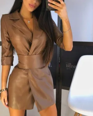 Lapel Blazer PU Belt Mini Dress Blazers Outerwear