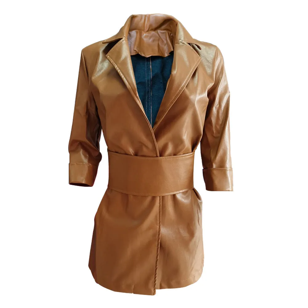 Lapel Blazer PU Belt Mini Dress Blazers Outerwear