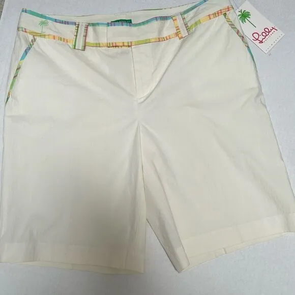 Lilly Pulitzer NWT Happy Bermuda Palm Beach Fit Cream Shorts Plaid Trim Size‎ 10