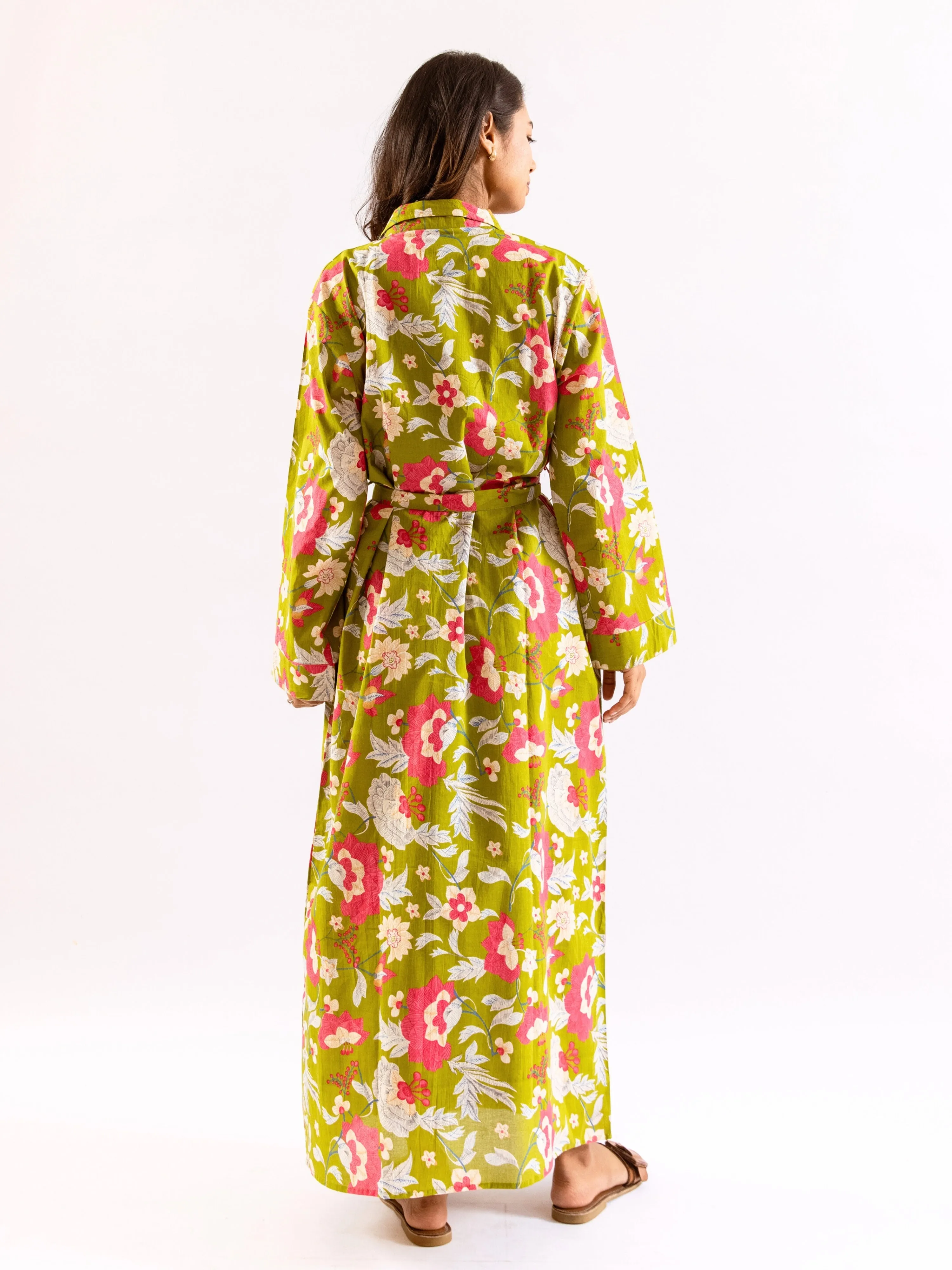 Lime Green Leafy Hush Pure Cotton Collar Neck Robe