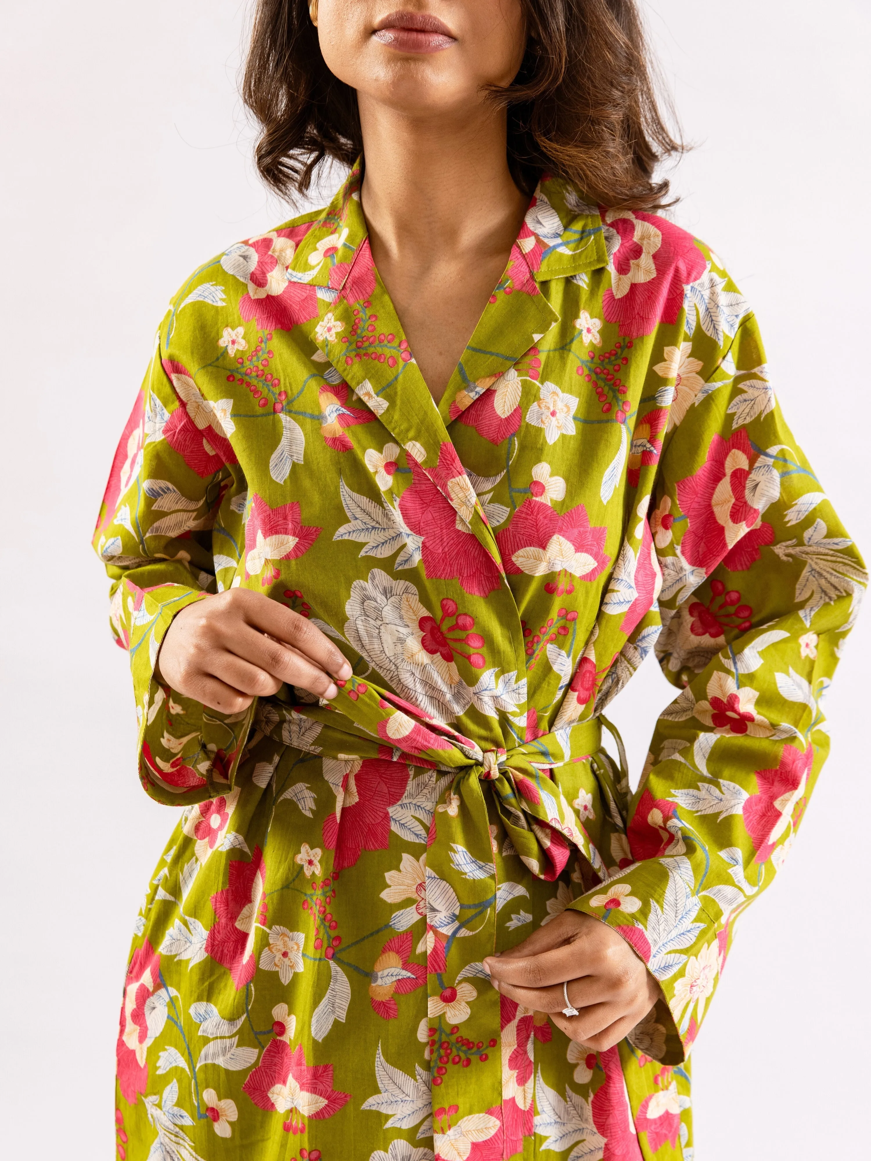 Lime Green Leafy Hush Pure Cotton Collar Neck Robe
