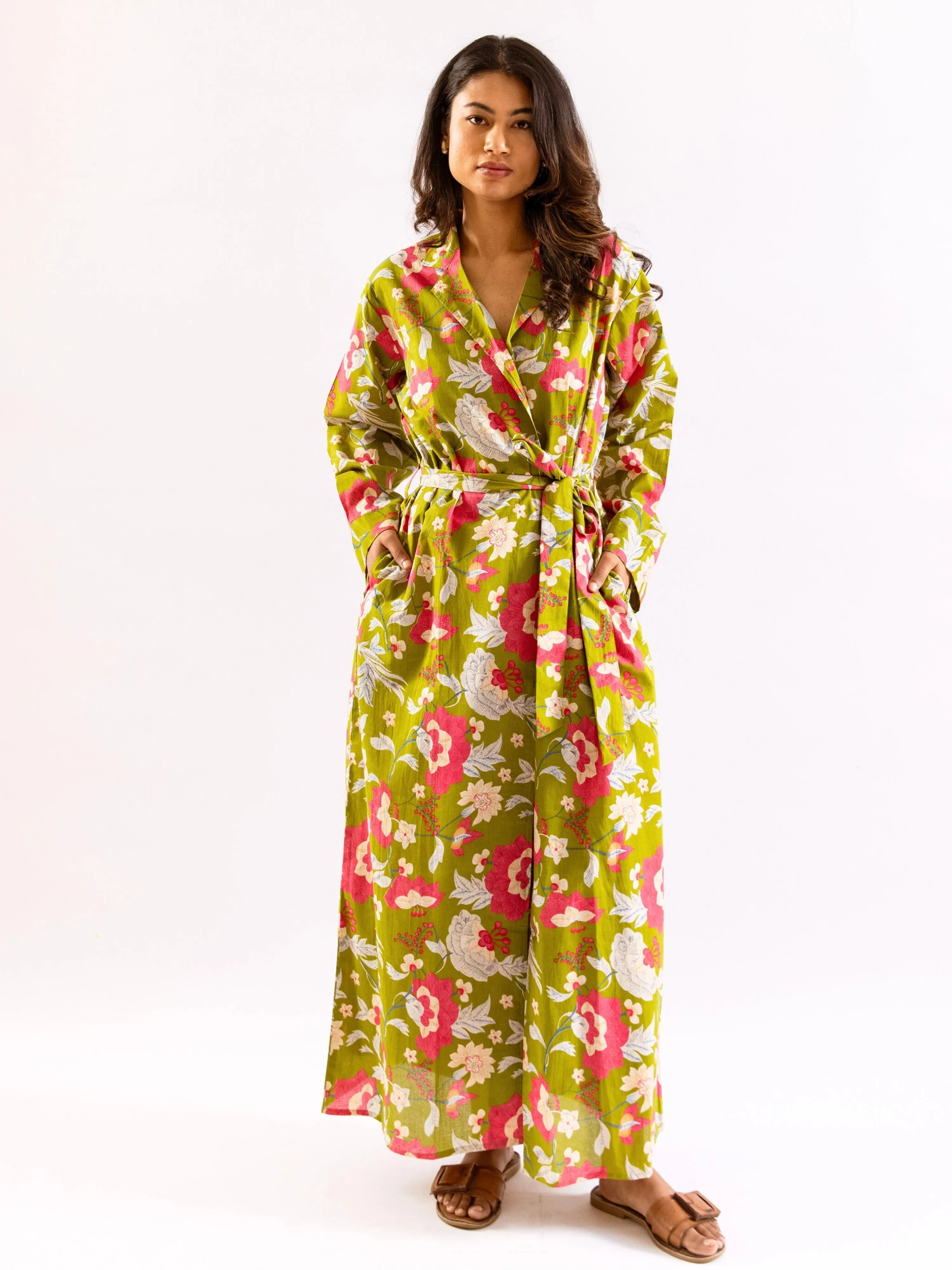Lime Green Leafy Hush Pure Cotton Collar Neck Robe