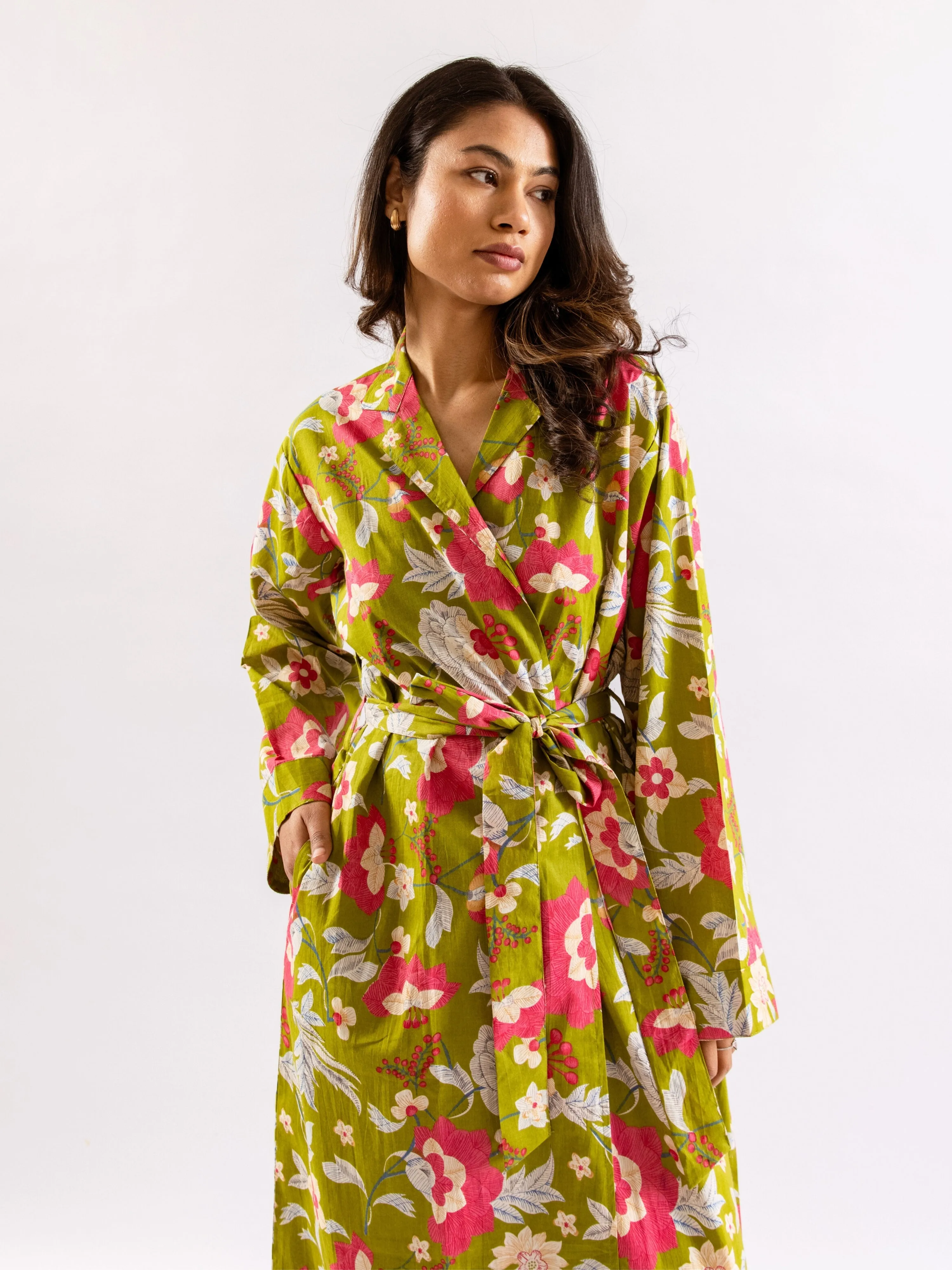 Lime Green Leafy Hush Pure Cotton Collar Neck Robe