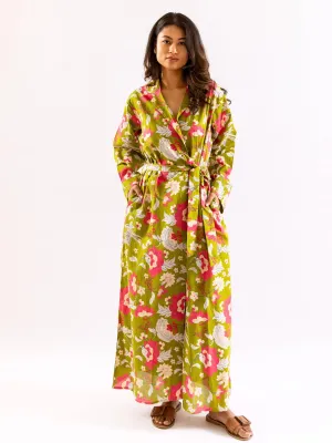 Lime Green Leafy Hush Pure Cotton Collar Neck Robe
