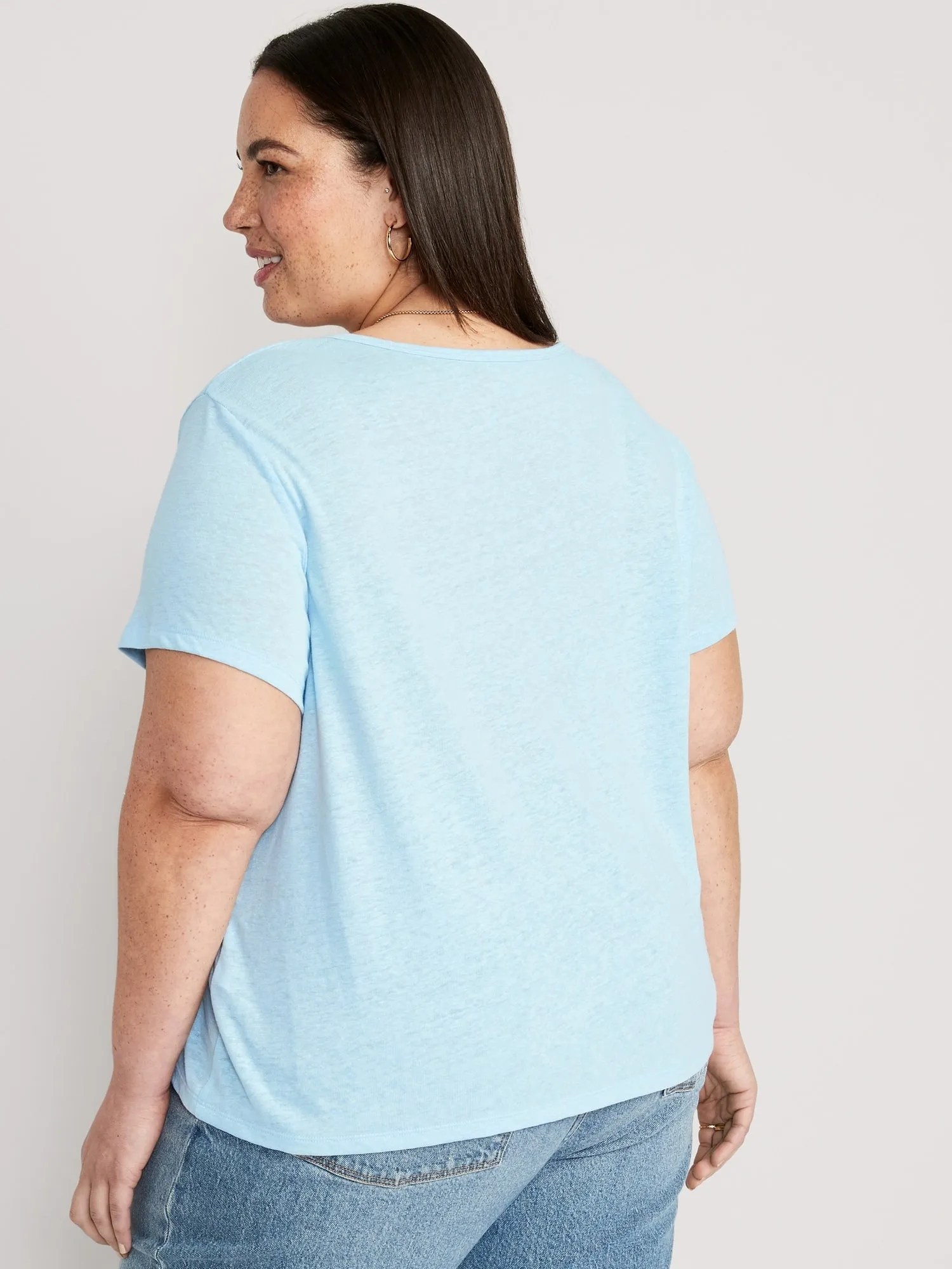 Linen-Blend V-Neck Henley T-Shirt for Women